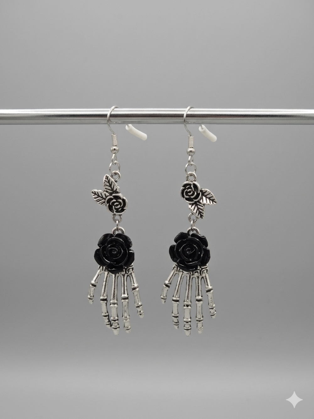 NEW Black Rose & Silver Skeleton Hand Dangle Earrings (0026)
